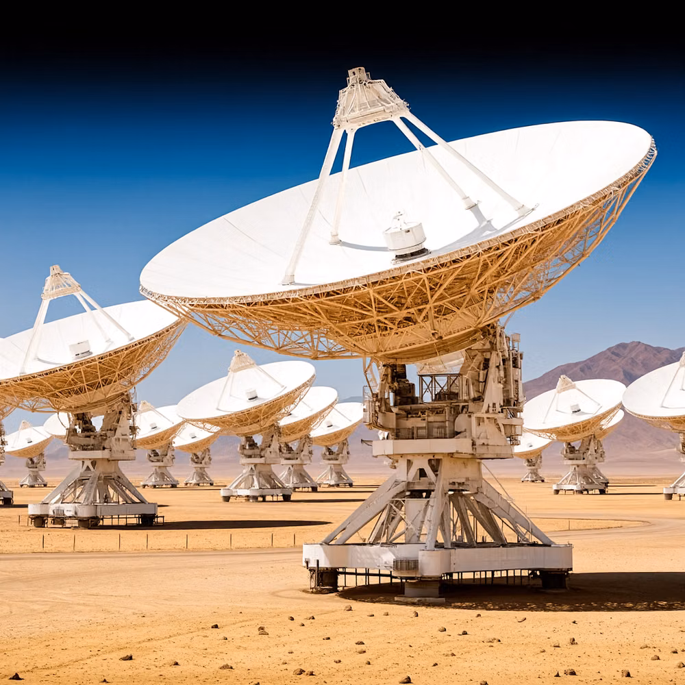 satellite antenna desert landscape photograph - #aiart #нейросеть #digitalart #gvvenNeuroArt #картинки #пустыня #тарелка Промт: Dozens of giant radio telescopes stand across a vast desert basin, their enormous white dishes aimed toward the sky in perfect alignment. The dry landscape is covered with sand, scattered rocks, and heat-worn earth stretching to distant mountains. Long service roads connect the antennas, emphasizing the immense scale of the observatory. The metal structures cast sharp shadows under the intense sunlight, while faint heat haze shimmers above the ground. Above them, a deep blue sky transitions toward the darkness of space. The atmosphere feels scientific, isolated, and awe-inspiring, filled with scale, silence, and humanity’s search beyond Earth.