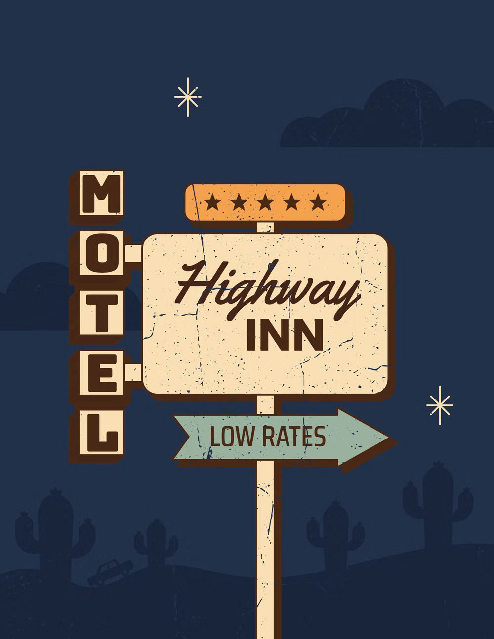 vintage roadside motel sign photograph - Retro roadside motel sign with Highway Inn text and low rates arrow. Vintage American roadside motel sign concept. Vector illustration in mid century 1950s style
