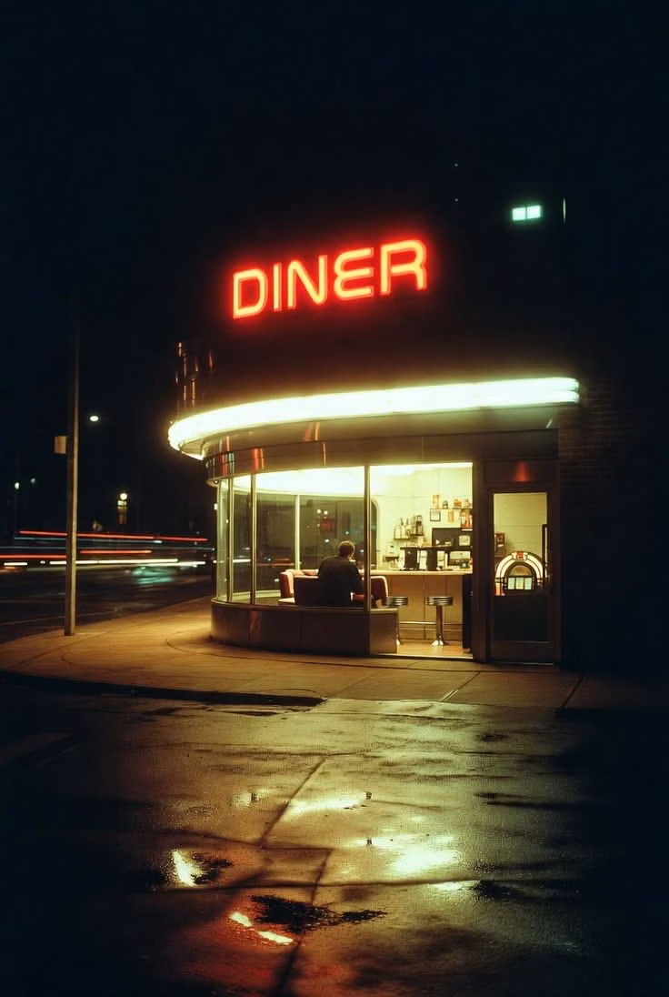 neon roadside diner night photograph -