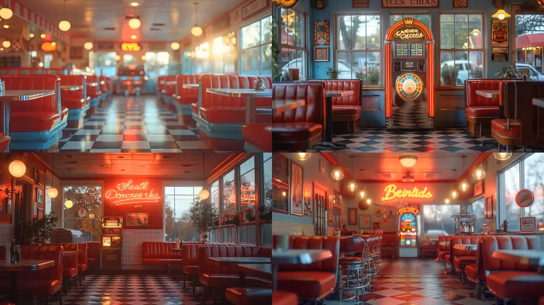 chrome jukebox diner photograph - A vintage photograph of a 1950s diner, chrome details and neon lights glowing warmly, a jukebox in the corner, checkerboard floor tiles, retro furniture with red leather seats, soft bokeh effect in the background, golden hour lighting, hd quality, natural look --ar 16:9 --v 6.0 --s 750 --style raw
