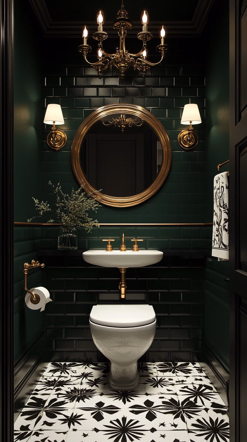 Art Deco aesthetic - A glamorous Art Deco-inspired small bathroom with bold geometric black and white patterns on the floor, gold accents, and high-gloss finishes. Dark green or navy walls, luxurious brass fixtures, and a large decorative mirror with an ornate gold frame. Statement lighting with a chandelier or sconce, evoking the elegance and opulence of 1920s Art Deco design.