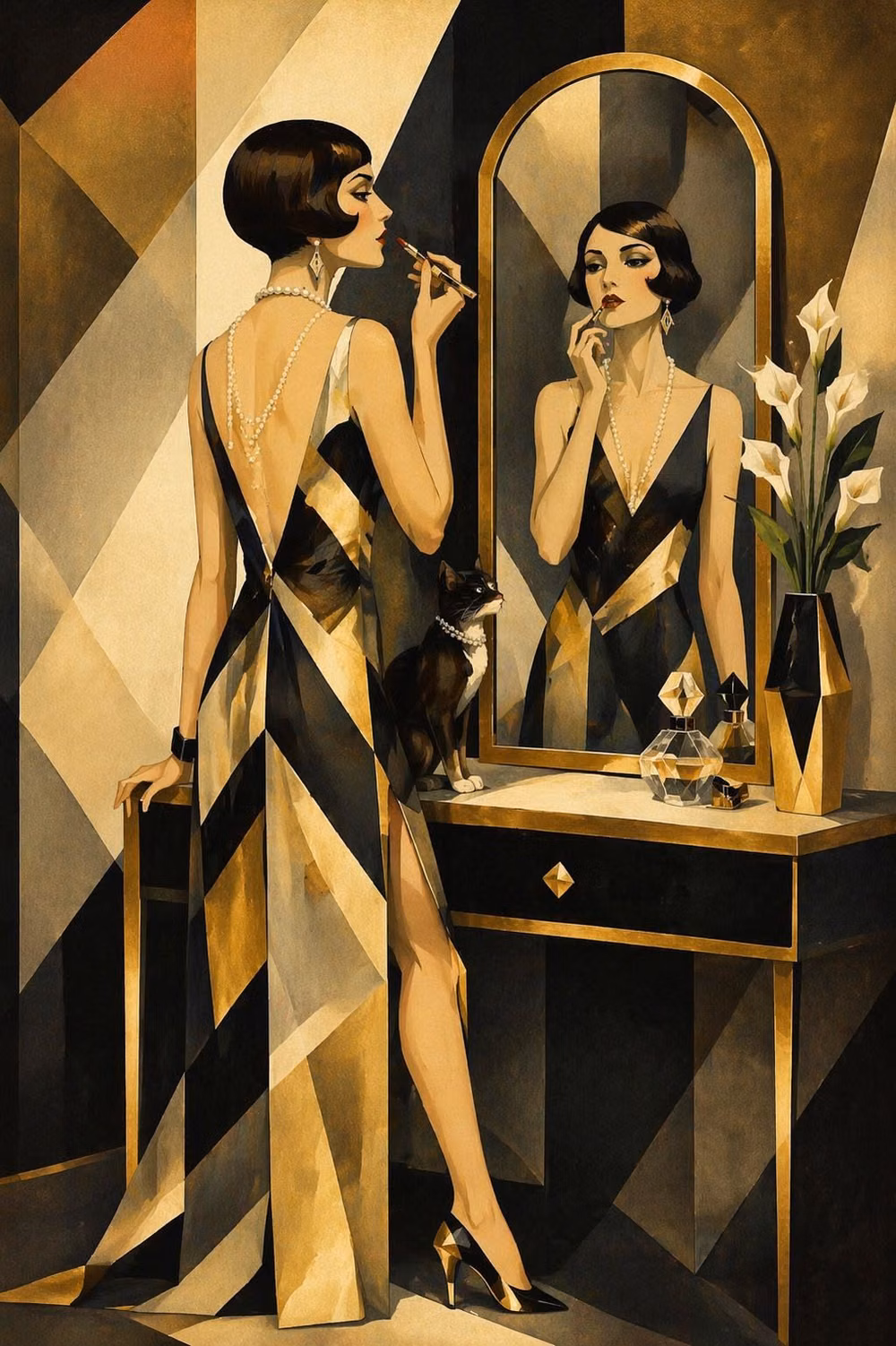 Art Deco aesthetic - INSTANT DIGITAL DOWNLOAD - no waiting, no shipping, print and enjoy straight away. Add timeless 1920s glamour to your space with this stunning Art Deco vanity scene featuring a sophisticated woman applying lipstick in a luxurious black and gold setting. This design captures elegance, confidence and vintage beauty, perfect for creating a high-end statement wall. Ideal for bedrooms, dressing rooms or stylish living spaces, this artwork brings a chic Gatsby-inspired feel with rich tones and geometric detailing. YOU WILL RECEIVE: High resolution JPG files in multiple sizes for easy printing: A4 18x24 inch 24x36 inch Simply download, print at home or at a local print shop, and frame to elevate your space instantly. Perfect for: Bedroom wall art Dressing room decor Makeup room styling Art Deco i