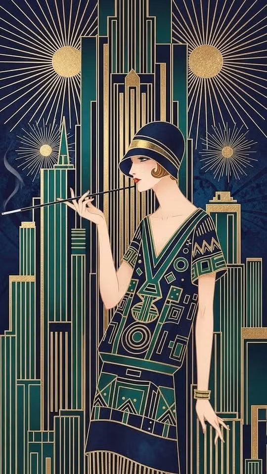 Art Deco aesthetic - This painting features a very elegant Art Deco-style illustration typical of the 1920s–1930s. ✨ A woman is depicted standing gracefully in a geometrically patterned dress in dark blue and emerald green with gold accents. She wears a cloche hat typical of the Jazz Age and holds a long cigarette, adding to the glamor and cosmopolitan lifestyle of the time.