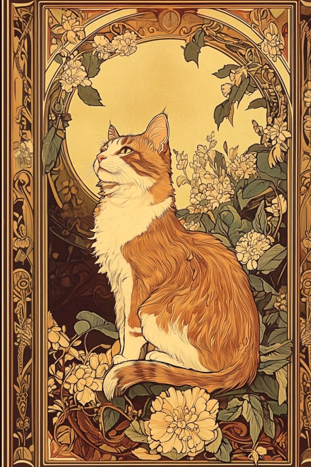Art Nouveau aesthetic - An exquisite Art Nouveau-inspired portrait of a cat surrounded by ornate floral designs. A perfect choice for lovers of vintage art and feline grace. #ArtNouveau #VintageCats #ClassicArt #FelineElegance #FloralArt #WhimsicalCats #TimelessDesign