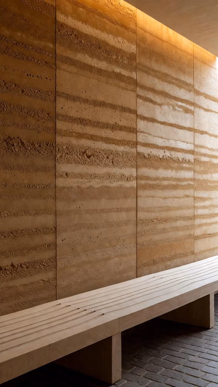 rammed earth wall layers close up photograph -