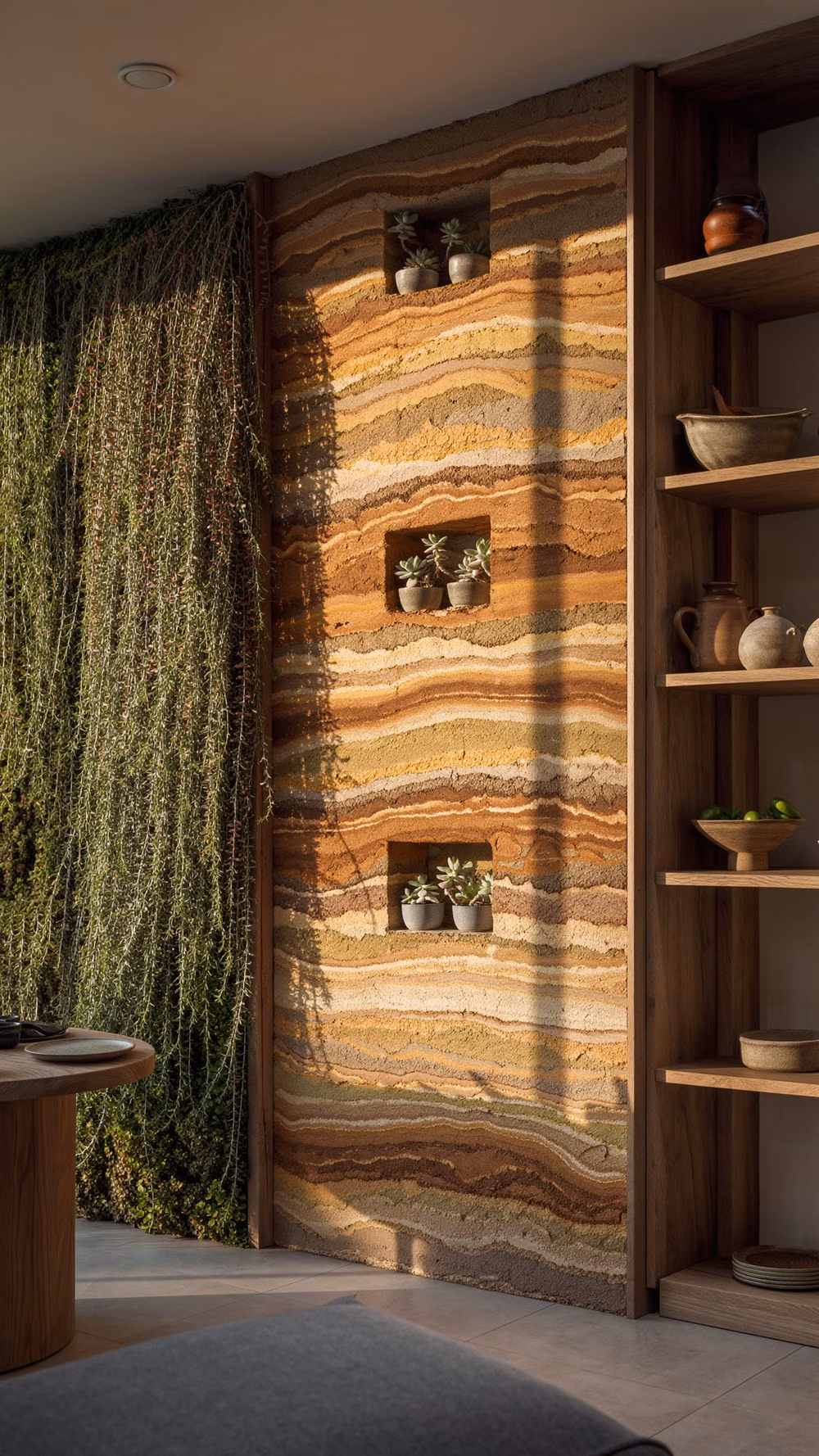 rammed earth wall layers close up photograph - Utilize raw rammed earth construction in Nuvira Space feature walls to convey geological time scales and material honesty, enhanced by niche planting for tactile and visual connections to natural processes. Ground architecture in earthly authenticity. #RammedEarth #NuviraSpace #MaterialHonesty #TexturalWall #GeologicalDesign