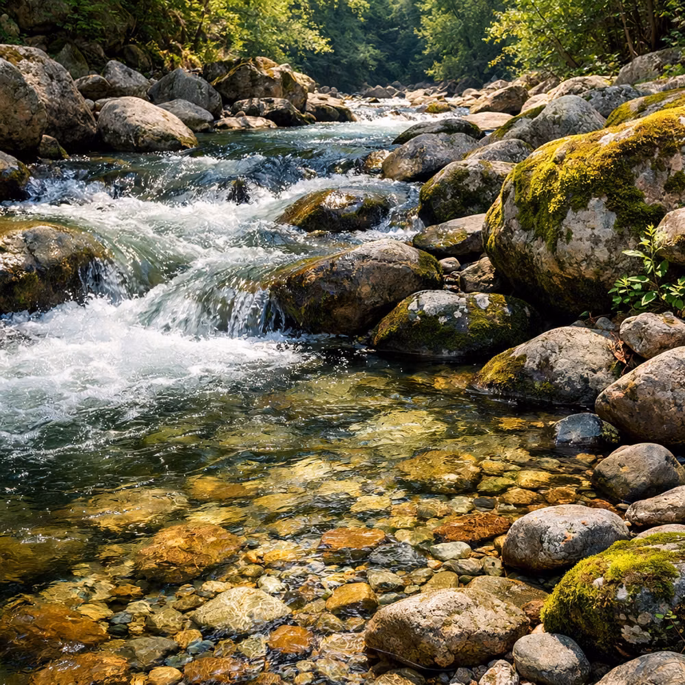 clear flowing stream stones close up photograph - #aiart #нейросеть #digitalart #gvvenNeuroArt #картинки #река #камни Промт: A clear mountain river flows swiftly between smooth stones and larger rounded boulders. The water is transparent, revealing pebbles and sand on the riverbed beneath shimmering ripples. Sunlight filters through nearby trees, creating moving patterns of light on the surface and rocks. Moss grows on damp stones along the banks, and small plants cling to cracks in the rock. The air feels fresh and cool, filled with the quiet energy of flowing water and the calm beauty of the mountains.