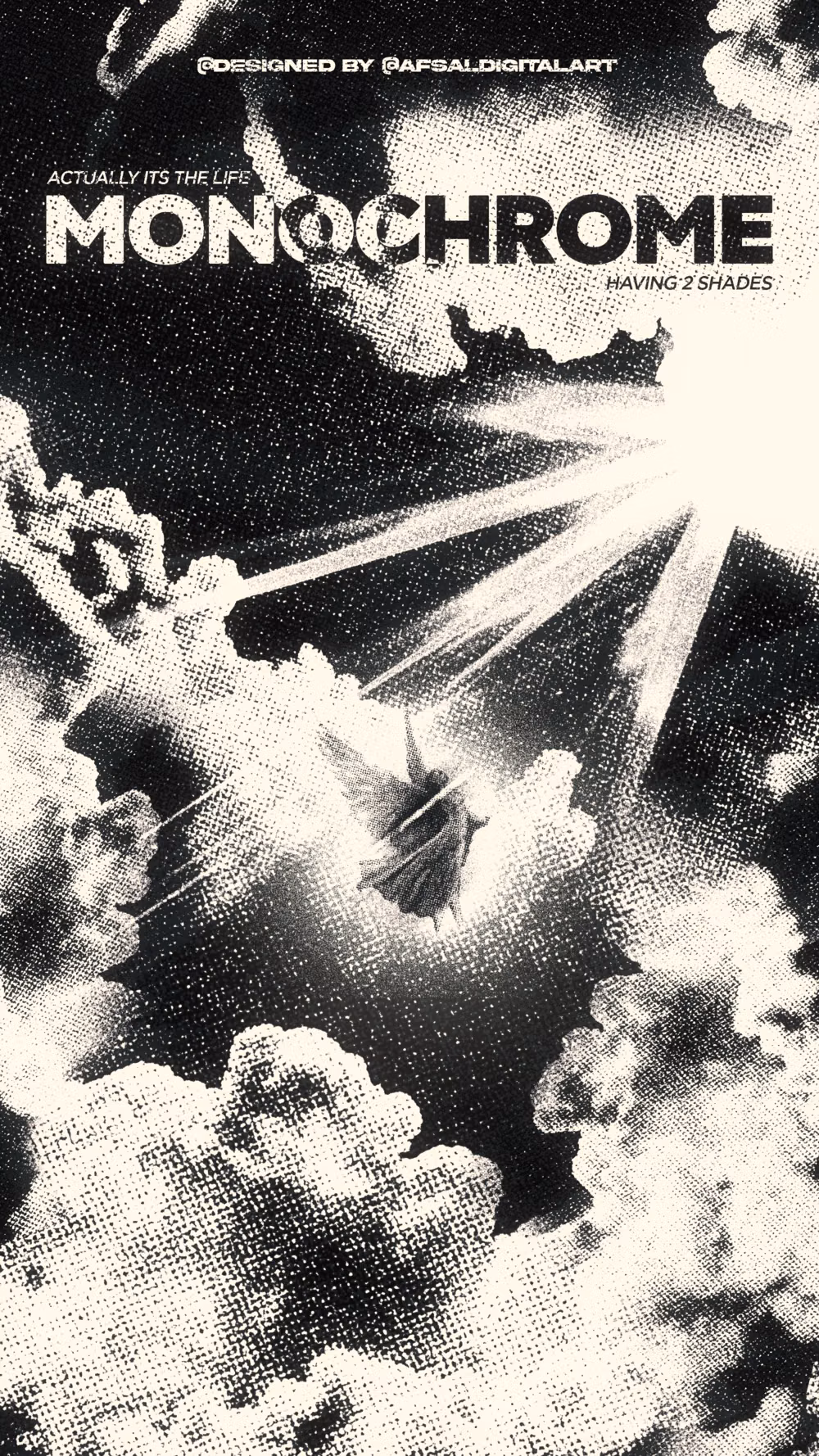 Brutalism aesthetic - A bold monochrome poster exploring the raw beauty of black and white design through intense contrast and texture. This piece uses a halftone texture, grainy effect, and distressed print style to create a striking vintage graphic design feel. The dramatic composition of cinematic clouds and surreal light beams adds a moody aesthetic, giving it a powerful and almost abstract atmosphere.  Perfect for lovers of high contrast art, grayscale aesthetic, and experimental design, this artwork blends retro screen print effects with modern editorial design and typography. Ideal as a wallpaper design or for anyone looking for graphic design inspiration and creative poster ideas.