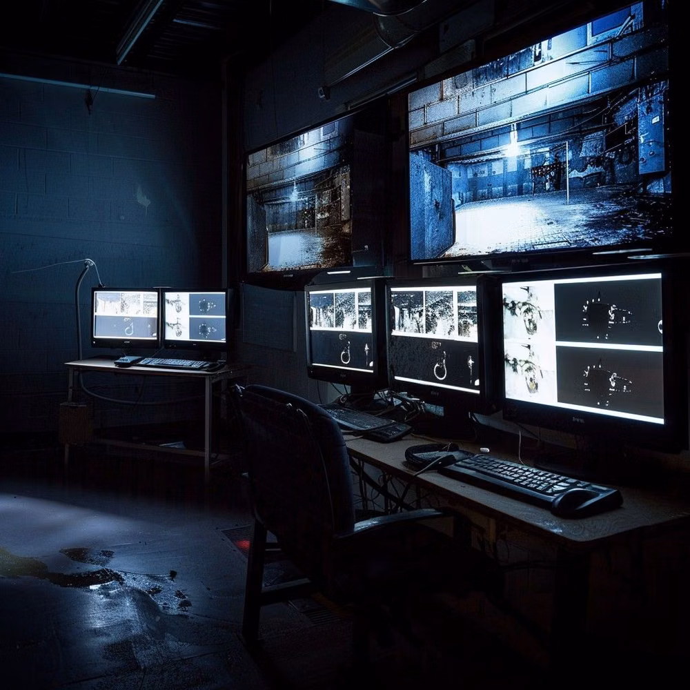 industrial CRT monitor control room photograph - police monitoring room dark floresent lighting monitors showing secutity footage single subject in shadow foreground