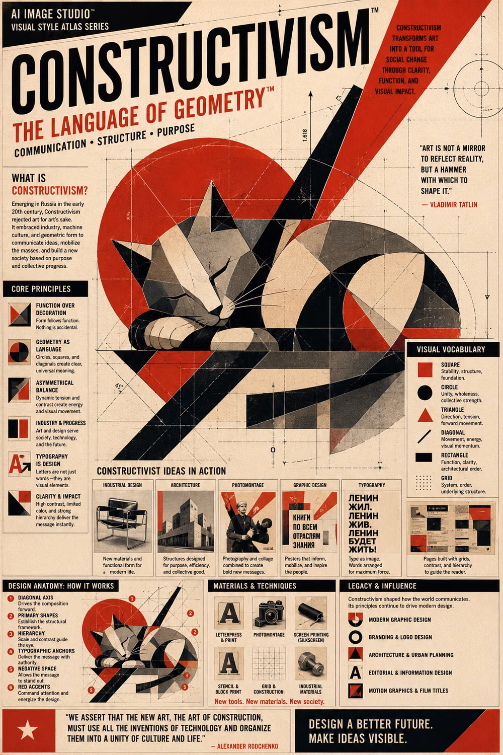 Constructivism aesthetic - Constructivism transformed art into a language of geometry, industry, and purposeful communication. This Visual Style Atlas reimagines the sleeping cat through bold diagonals, circles, rectangles, limited color, and dynamic composition to demonstrate how Constructivist designers built meaning through structure rather than decoration. Originally developed to communicate ideas with maximum clarity and impact, the movement continues to influence modern graphic design, branding, architecture, and visual communication.