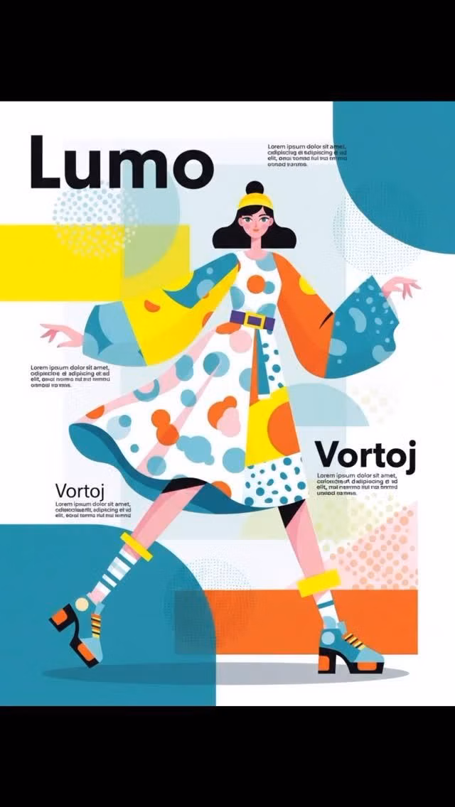 Corporate Memphis aesthetic - Esperanto Lumo– Geometric Creativity - Memphis Corporate by SALUTON Modern Memphis corporate poster with a stylized human figure looking upward, conveying Light. The Esperanto word is 'Lumo.' Abstract geometry and pastel colors create a positive style.