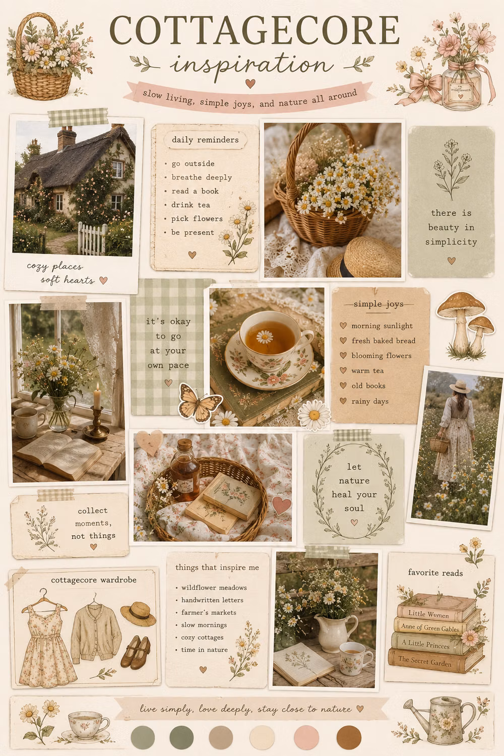 Cottagecore aesthetic - Step into a dreamy cottagecore world filled with wildflowers, vintage books, cozy tea moments, rustic cottages, soft florals, and timeless charm. Save this Pinterest mood board for cottagecore inspiration, cozy home decor, nature aesthetics, journaling ideas, floral styling, vintage fashion, and peaceful slow living. Perfect for anyone who loves soft, romantic, countryside vibes. 🌸🍃🤍