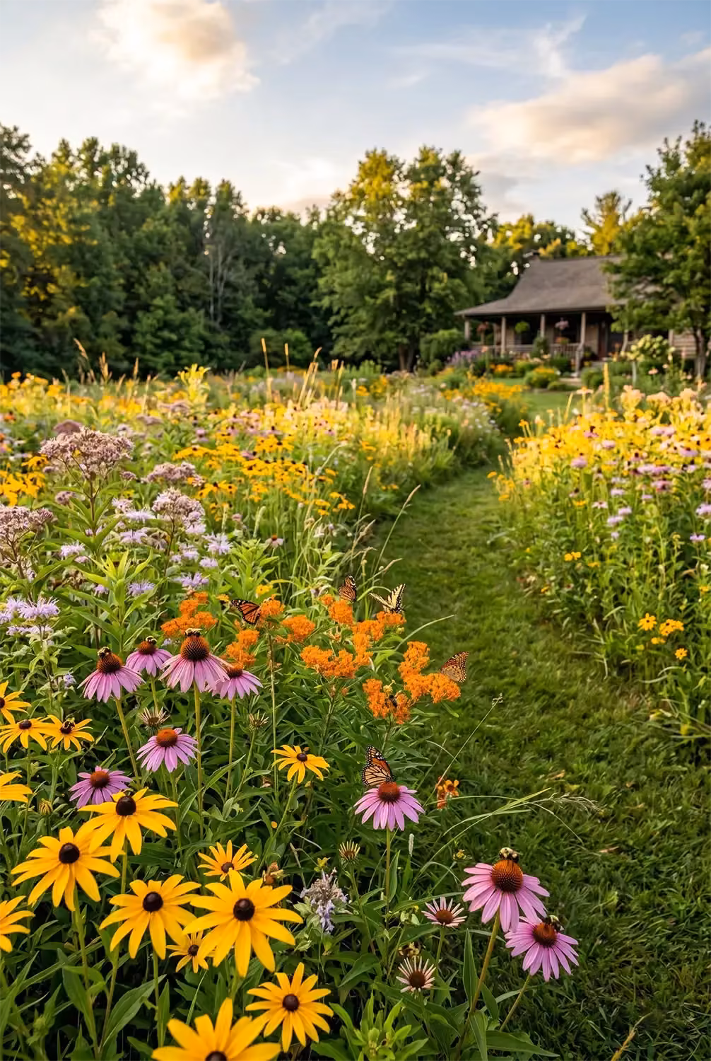 wildflower meadow warm sunlight photograph - Wide-angle spectacular photograph of a breathtakingly beautiful native wildflower meadow landscape replacing a traditional boring suburban lawn. A chaotic, vibrant explosion of black-eyed Susans, purple coneflowers, and bright orange butterfly weed dances wildly in the gentle breeze. A simple mowed grass pathway provides a neat walking trail through the tall, thriving pollinator habitat. Buzzing bees and colorful butterflies add dynamic life to the densely planted ecological haven. Warm, golden afternoon sunlight makes the vibrant petals glow brightly. This expansive shot celebrates the wild, untamed beauty of beneficial ecological landscaping.