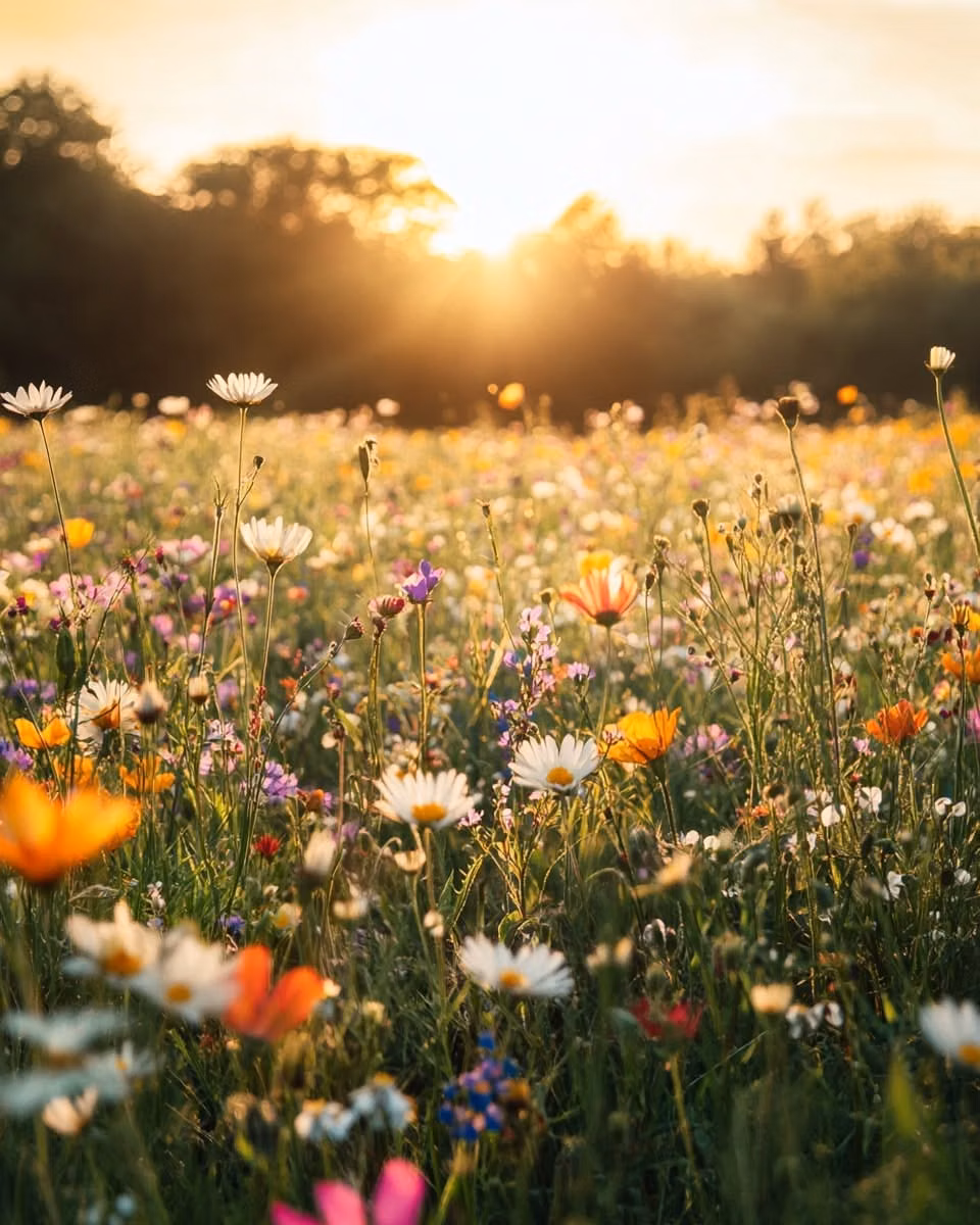 wildflower meadow warm sunlight photograph - Wildflower Field
A vast meadow filled with colorful wildflowers. Gentle wind moves the petals while sunlight creates a golden glow. The atmosphere is bright and peaceful.
#NatureBeauty #Wildflowers #SummerMood #LandscapePhotography #aigenerated