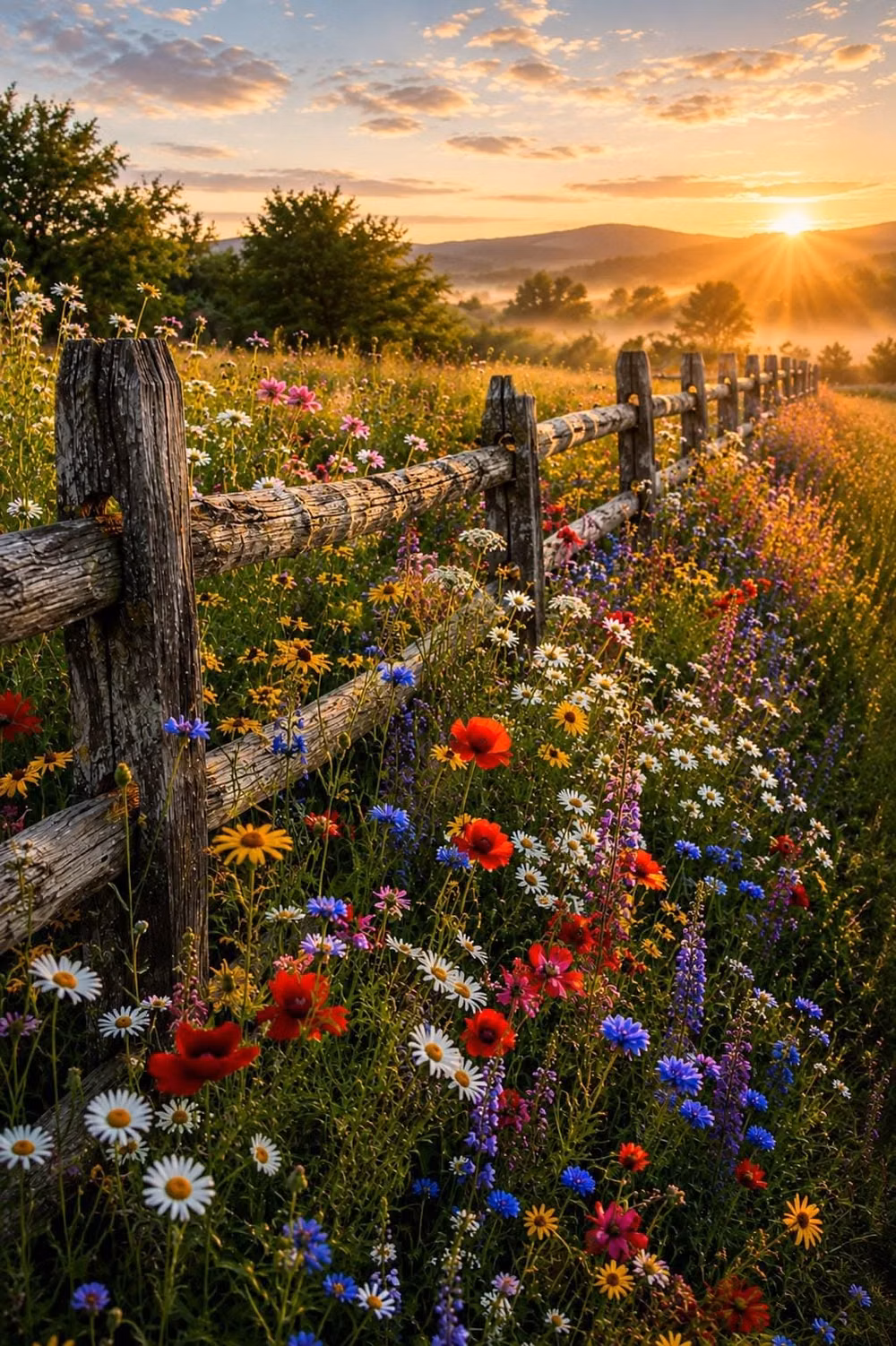 wildflower meadow warm sunlight photograph - Bring the beauty of a peaceful country sunrise into your home with this stunning fine art landscape photograph. A weathered rustic fence winds through a vibrant meadow overflowing with colorful wildflowers as the first golden rays of sunlight illuminate the rolling countryside beyond. Brilliant reds, blues, yellows, and whites create a breathtaking tapestry of color, while soft morning mist settles over distant hills, creating a scene filled with warmth, tranquility, and timeless beauty. This photograph is perfect for nature lovers, gardeners, farmhouse décor enthusiasts, and anyone seeking artwork that brings a sense of peace and optimism into their living space. Whether displayed in a living room, bedroom, entryway, office, art studio, or vacation home, this image serves as a daily remin