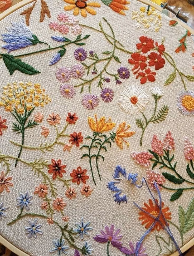 hand embroidery floral linen close up photograph -