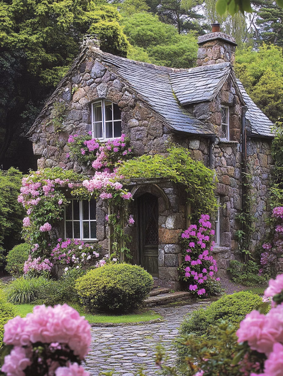 small stone cottage garden photograph - This picturesque stone cottage is adorned with vibrant pink flowers and lush greenery. Nestled among trees, the quaint structure features a slate roof and multiple windows that add to its charm. The cobblestone path leading to the entrance invites a sense of tranquility and charm, perfectly complementing the serene garden setting.. #stone cottage, #garden, #flowers, #quaint homes, #landscape, #outdoor beauty
