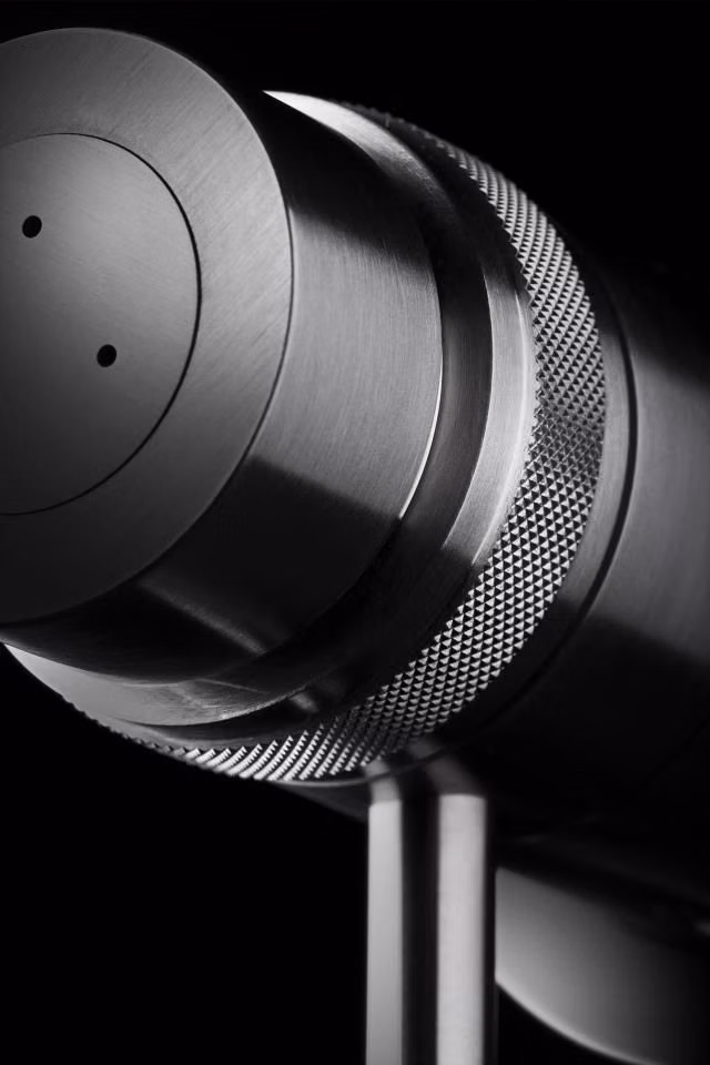 brushed aluminum device macro studio photograph - MGS MB19 close up shows the brilliant finishing and amazing quality of hand polishing