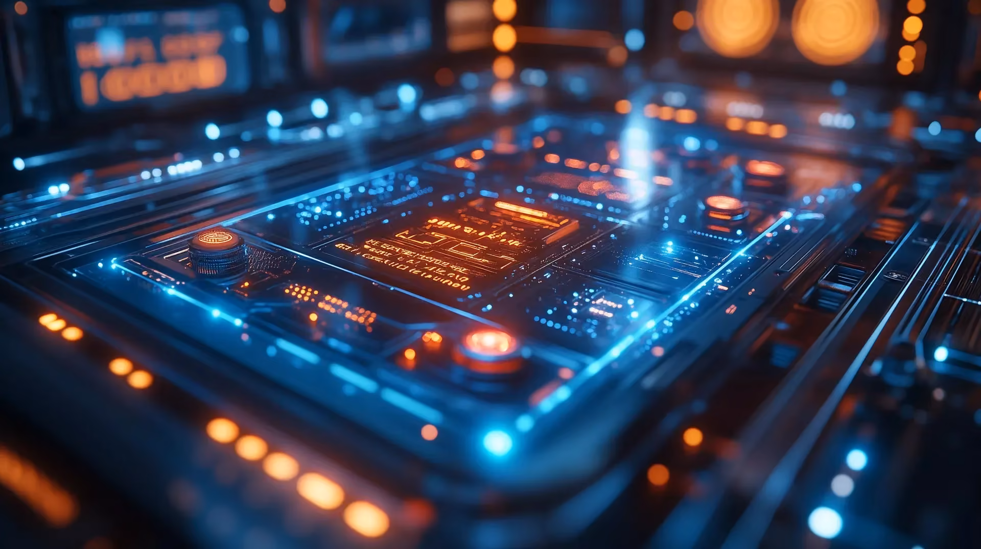 dense circuit board macro neon light photograph - A macro, high-angle view of a futuristic circuit board / motherboard. Close-up of glossy metal panels, microchips, and copper traces illuminated by vibrant neon blue and orange LED lighting. Shallow depth of field with foreground components in sharp focus and distant circuitry blurred into bokeh. The composition resembles a vast landscape from above, with intricate circuitry forming a city-like grid. Ultra-detailed textures, realistic reflections, and cinematic lighting create a sci-fi ambien...