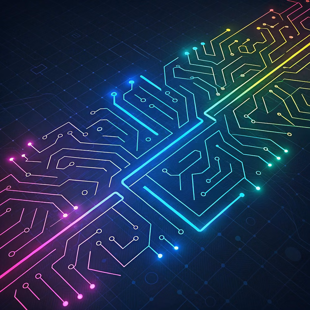dense circuit board macro neon light photograph - Neon Circuit Board Design – Vibrant rainbow neon lines forming a futuristic tech circuit.