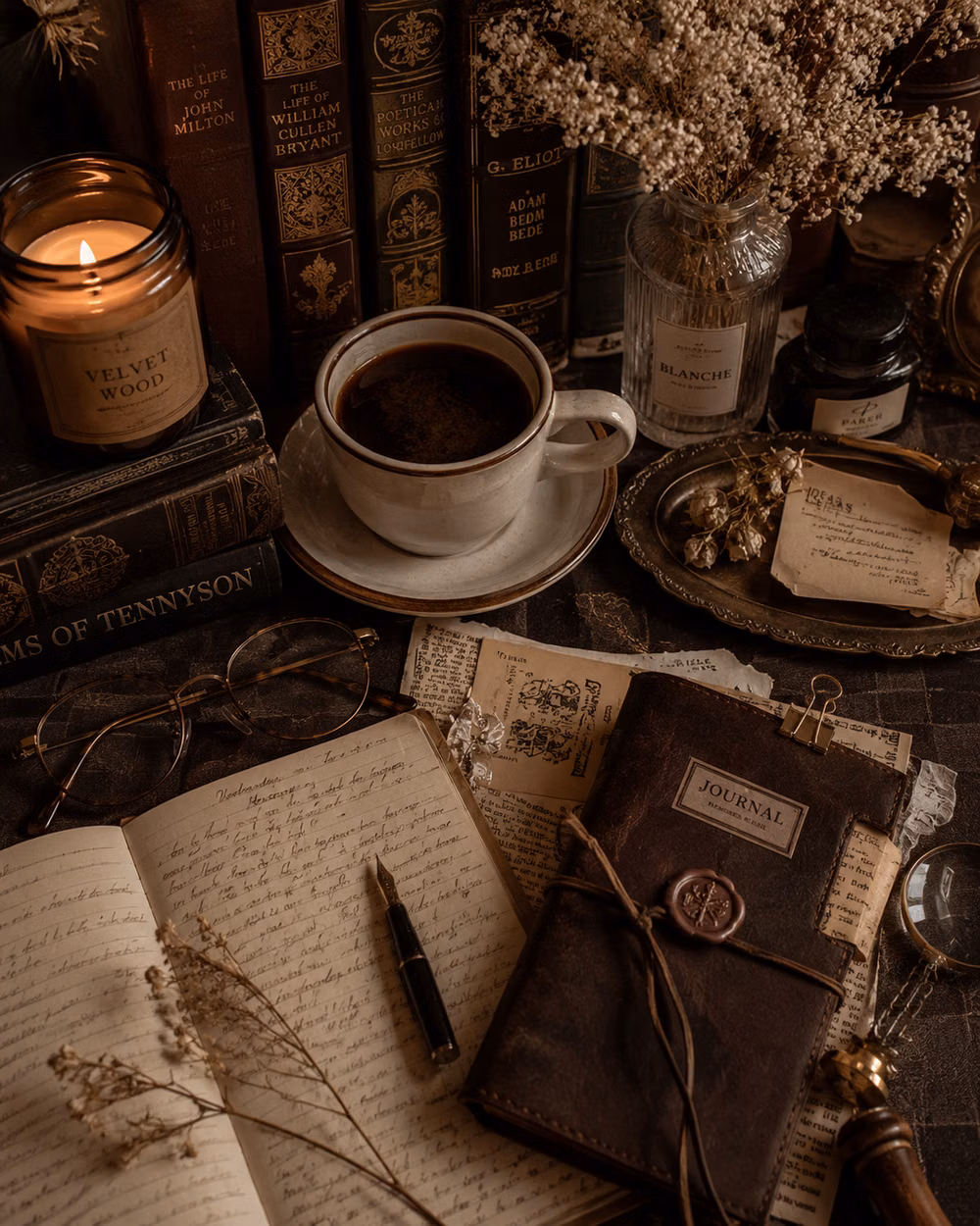 Dark Academia aesthetic - Immerse yourself in the timeless charm of dark academia with this beautifully styled aesthetic flat lay featuring vintage books, a classic fountain pen, a warm cup of coffee, glowing candles, elegant glasses, dried flowers, and an old journal. Captured with warm moody lighting, this highly detailed composition creates a cozy and sophisticated atmosphere inspired by classic literature and scholarly elegance. Perfect for Pinterest inspiration, study aesthetics, mood boards, and lovers of vintage decor, this dark academia scene embodies intellectual charm, nostalgia, and refined style. Ideal for book lovers, writers, students, and anyone drawn to cozy, elegant aesthetics.