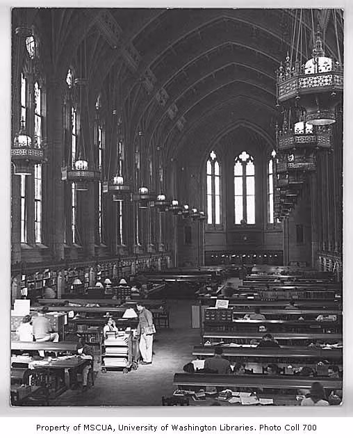 old university library reading room photograph - in Suzzallo Library reading room, University of Washington, ca. 1950