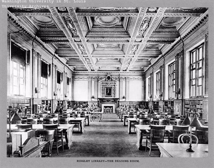 old university library reading room photograph - Ridgley Library, View of reading room in Ridgley Library. [Views of Washington University, St. Louis circa 1924 or 1925.