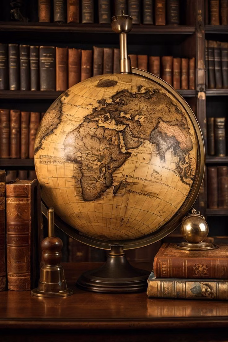 antique globe dark wood room photograph -