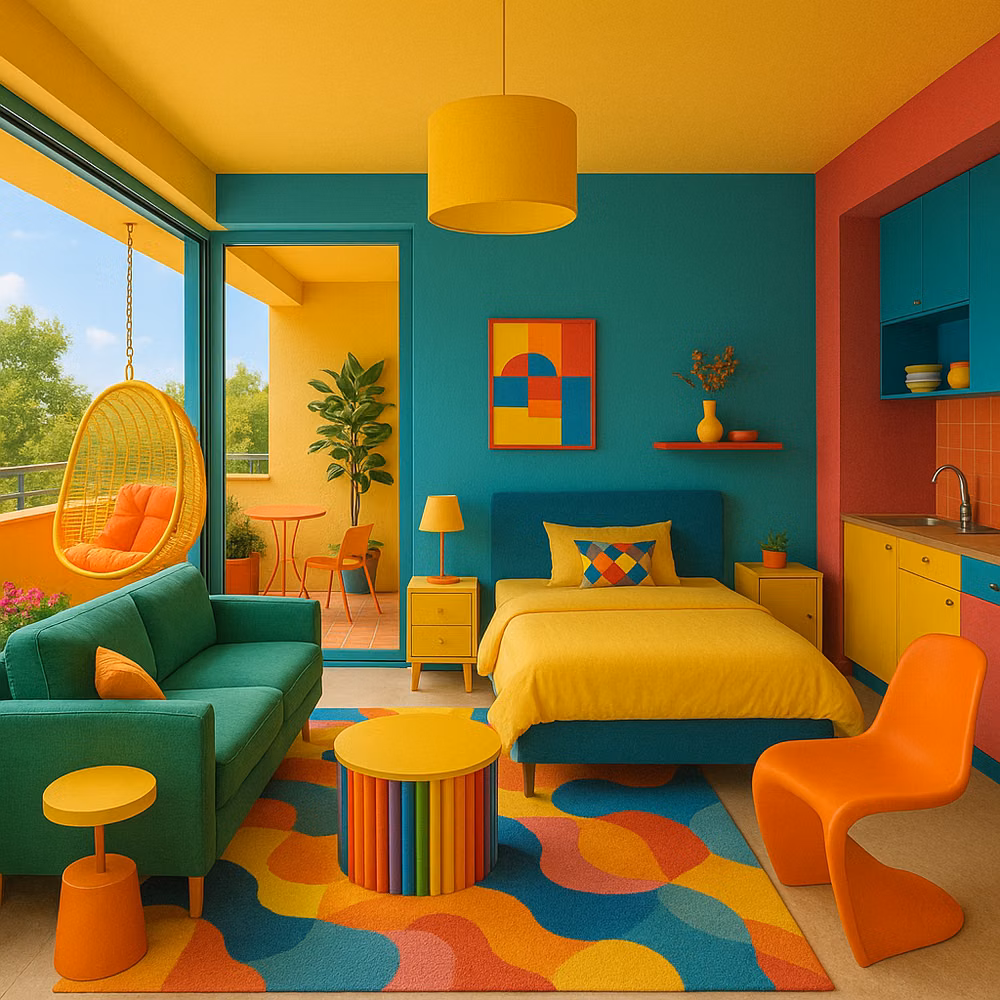 bold colorful painted furniture photograph - Bold, vibrant, and playful — this color pop studio apartment features a cozy balcony, colorful modern furniture, and artistic retro touches. Perfect inspiration for those who love dopamine decor, maximalism, and happy living spaces. ✨ #ChicquoraStyle   #colorfulhome #dopaminedecor #studiodecor #colorpopdecor #interiordesign #cheerfulhome #boldinteriors #maximalism #balconygoals #modernboho #turuncuevdekorasyonu #vibrantvibes #happyhome #homeinspo #colorcrush #retrostyle #apartmentinspo #yellowdecor #turkuazduvar #creativehomes #pastelhome #turkishbalcony #renklidekorasyon #urbanliving #decortrend2025 #funinteriors #scandinavianvibe #studioliving #happyspaces #boldfurniture #çilekbalkon #aestheticroom #playfulhome