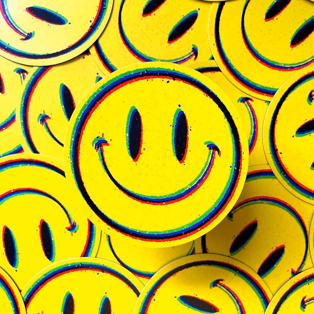 bright smiley face stickers close up photograph - Happy Monday Everyone!! 😊 Both big and small smiley face stickers have been restocked! Add a smile to your water bottle, laptop, car, today!