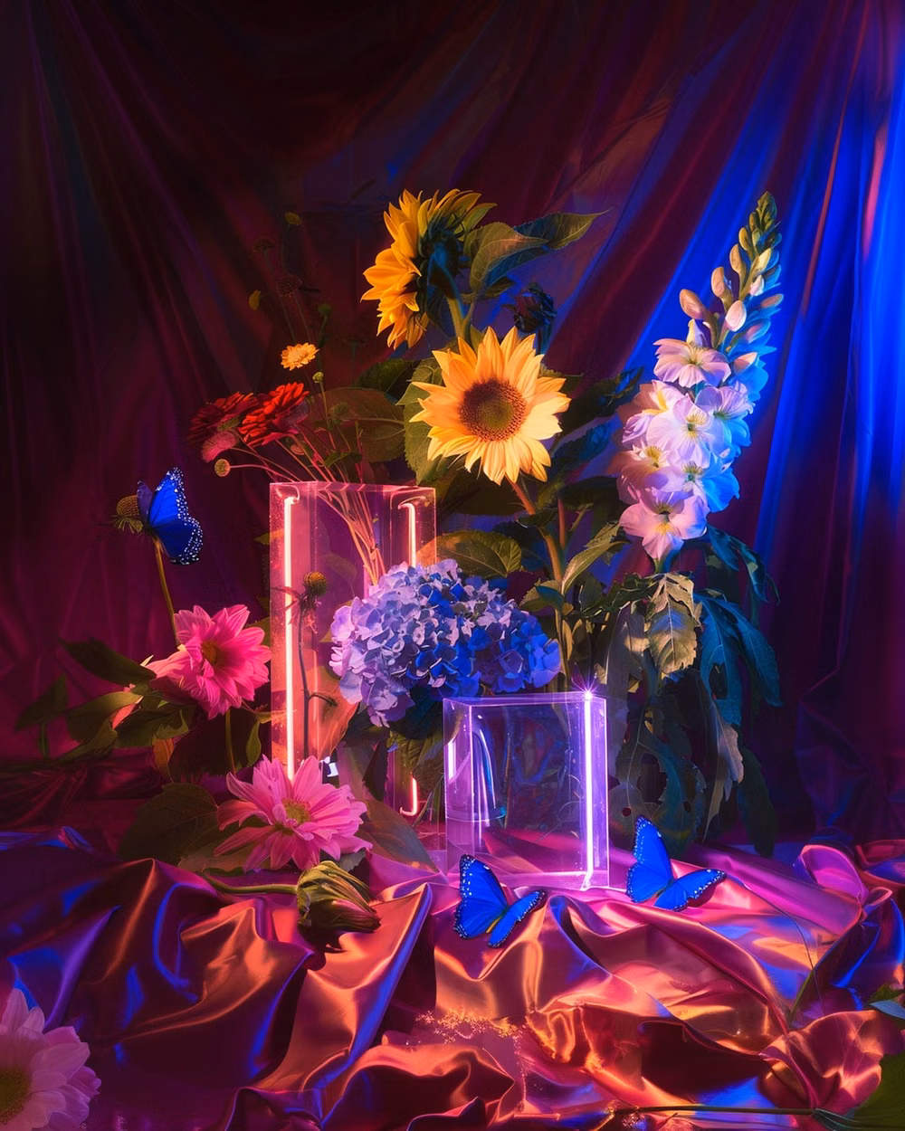 colorful fruit still life neon lighting photograph - 𝘐𝘭𝘭𝘶𝘮𝘪𝘯𝘢𝘵𝘦𝘥 𝘎𝘦𝘰𝘮𝘦𝘵𝘳𝘺: 𝘈 𝘋𝘢𝘯𝘤𝘦 𝘰𝘧 𝘓𝘪𝘨𝘩𝘵 𝘢𝘯𝘥 𝘕𝘢𝘵𝘶𝘳𝘦⁣ ⁣ 𝘛𝘩𝘪𝘴 𝘴𝘵𝘳𝘪𝘬𝘪𝘯𝘨 𝘴𝘦𝘳𝘪𝘦𝘴 𝘤𝘢𝘱𝘵𝘶𝘳𝘦𝘴 𝘨𝘦𝘰𝘮𝘦𝘵𝘳𝘪𝘤 𝘴𝘵𝘪𝘭𝘭 𝘭𝘪𝘧𝘦 𝘤𝘰𝘮𝘱𝘰𝘴𝘪𝘵𝘪𝘰𝘯𝘴 𝘶𝘯𝘥𝘦𝘳 𝘴𝘵𝘶𝘥𝘪𝘰 𝘭𝘪𝘨𝘩𝘵𝘪𝘯𝘨, 𝘣𝘭𝘦𝘯𝘥𝘪𝘯𝘨 𝘭𝘰𝘯𝘨 𝘦𝘹𝘱𝘰𝘴𝘶𝘳𝘦 𝘯𝘦𝘰𝘯 𝘭𝘪𝘨𝘩𝘵𝘴 𝘸𝘪𝘵𝘩 𝘵𝘩𝘦 𝘷𝘪𝘣𝘳𝘢𝘯𝘵 𝘩𝘶𝘦𝘴 𝘰𝘧 𝘴𝘶𝘮𝘮𝘦𝘳 𝘧𝘭𝘰𝘸𝘦𝘳𝘴, 𝘪𝘯𝘤𝘭𝘶𝘥𝘪𝘯𝘨 𝘴𝘶𝘯𝘧𝘭𝘰𝘸𝘦𝘳𝘴, 𝘥𝘦𝘦𝘱 𝘣𝘭𝘶𝘦 𝘩𝘺𝘥𝘳𝘢𝘯𝘨𝘦𝘢𝘴, 𝘭𝘶𝘱𝘪𝘯𝘴, 𝘱𝘰𝘱𝘱𝘪𝘦𝘴, 𝘢𝘯𝘥 𝘨𝘭𝘢𝘥𝘪𝘰𝘭𝘶𝘴. 𝘋𝘦𝘸-𝘬𝘪𝘴𝘴𝘦𝘥 𝘴𝘲𝘶𝘢𝘳𝘦 𝘨𝘭𝘢𝘴𝘴 𝘢𝘳𝘵 𝘱𝘪𝘦𝘤𝘦𝘴, 𝘣𝘭𝘶𝘦 𝘣𝘶𝘵𝘵𝘦𝘳𝘧𝘭𝘪𝘦𝘴, 𝘢𝘯𝘥 𝘴𝘩𝘪𝘯𝘺 𝘴𝘶𝘳𝘧𝘢𝘤𝘦𝘴 𝘦𝘯𝘩𝘢𝘯𝘤𝘦 𝘵𝘩𝘦 𝘦𝘵𝘩𝘦𝘳𝘦𝘢𝘭 𝘲𝘶𝘢𝘭𝘪𝘵𝘺, 𝘸𝘩𝘪𝘭𝘦 𝘮𝘺𝘭𝘢𝘳 𝘥𝘳𝘢𝘱𝘦𝘳𝘺 𝘢𝘥𝘥𝘴 𝘢 𝘴𝘶𝘳𝘳𝘦𝘢𝘭 𝘵𝘰𝘶𝘤𝘩. 𝘛?