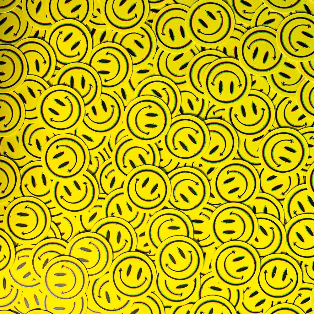 bright smiley face stickers close up photograph - Happy Monday Everyone!! 😊 Both big and small smiley face stickers have been restocked! Add a smile to your water bottle, laptop, car, today!