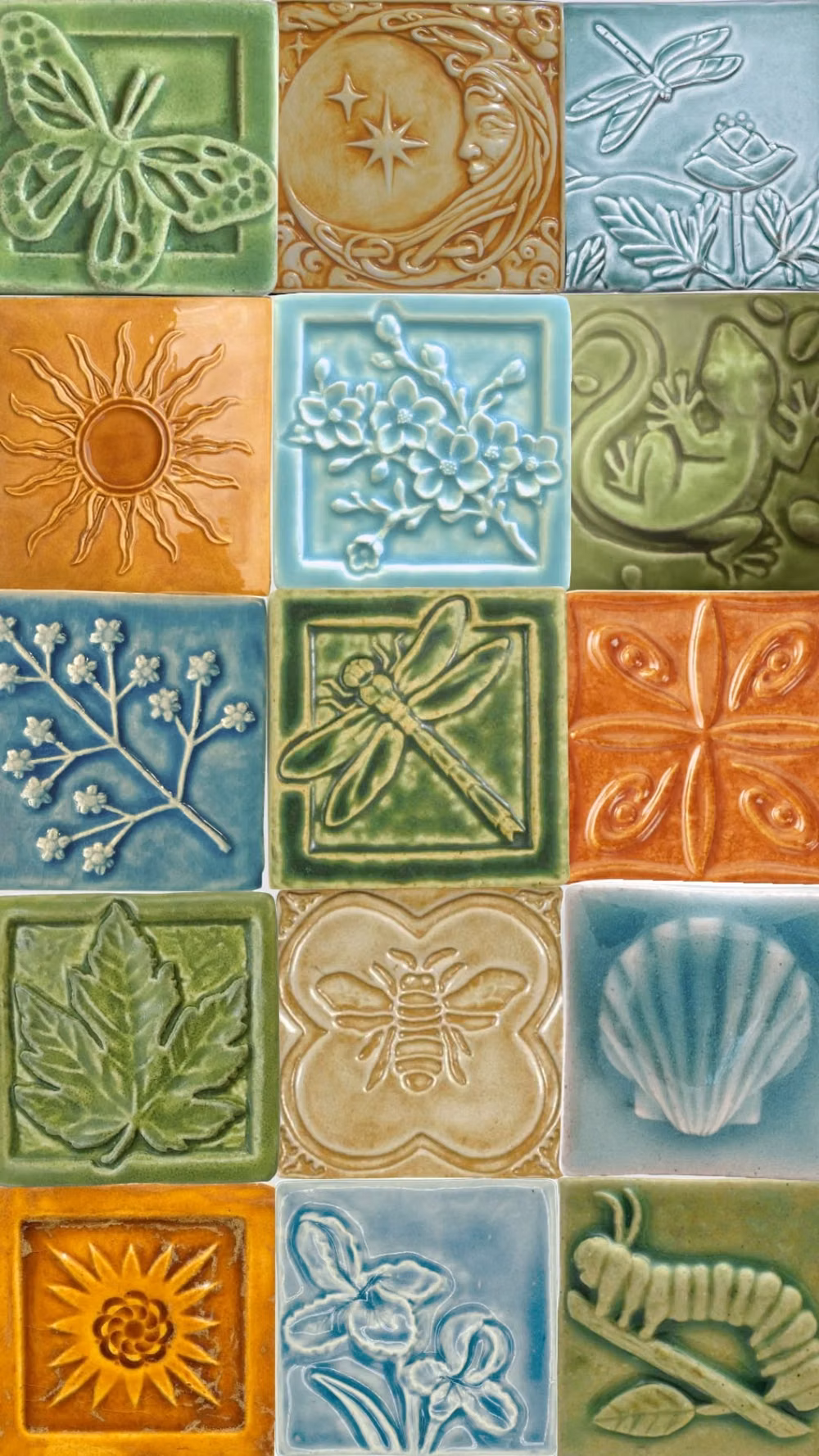 bright multicolor ceramic tile pattern photograph - green, blue, and orange tile background