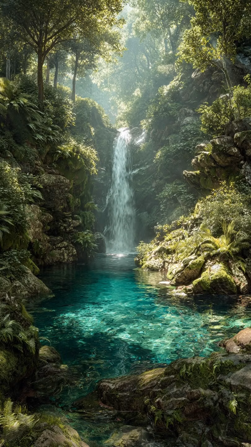 hidden forest waterfall mist photograph - Let the calming sounds of this hidden forest waterfall bring peace to your feed. 🌿 Water so clear you can see right through to the rocks beneath, surrounded by mossy cliffs and sunlit trees. A perfect slice of paradise #AestheticWallpaper #HiddenWaterfall #NaturePhotography #JungleVibes #CrystalClearWater #TravelInspiration #GreenAesthetic #Wanderlust #PeacefulScenery #ForestEscape