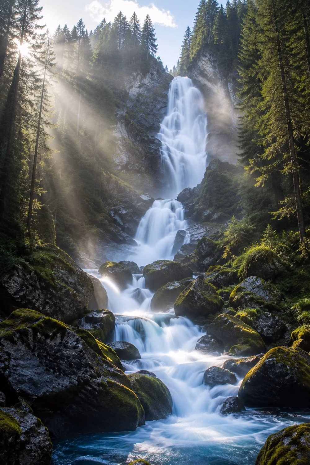 hidden forest waterfall mist photograph - A breathtaking cascading waterfall deep in a Swiss forest, moss-covered rocks, sunbeams filtering through pine trees. Pure nature at its finest — perfect Switzerland travel inspiration. #switzerlandtravel #waterfall #swissforest #naturephotography #hiddengem #travelinspo #forestwaterfall #europetravel #wanderlust #naturewonders