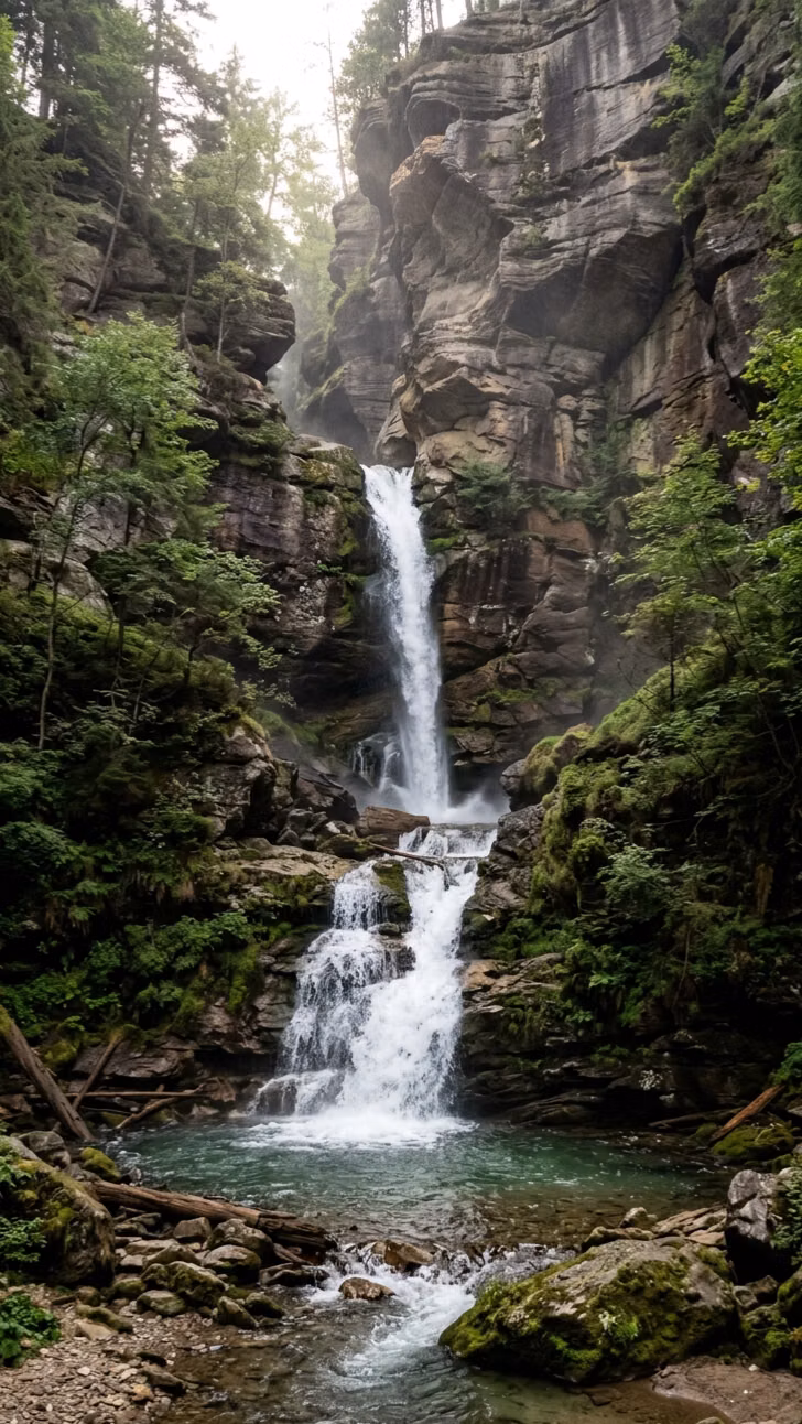 hidden forest waterfall mist photograph - Tucked deep within a lush forest canyon, this breathtaking waterfall cascades through moss-covered rocks into a crystal-clear pool below. A peaceful escape where nature's beauty, flowing water, and untouched wilderness come together in perfect harmony. #Waterfalls #NaturePhotography #ForestWaterfall #ScenicViews #NatureLovers #LandscapePhotography #HiddenGems #EarthBeauty #ExploreNature #Wilderness #NATORA