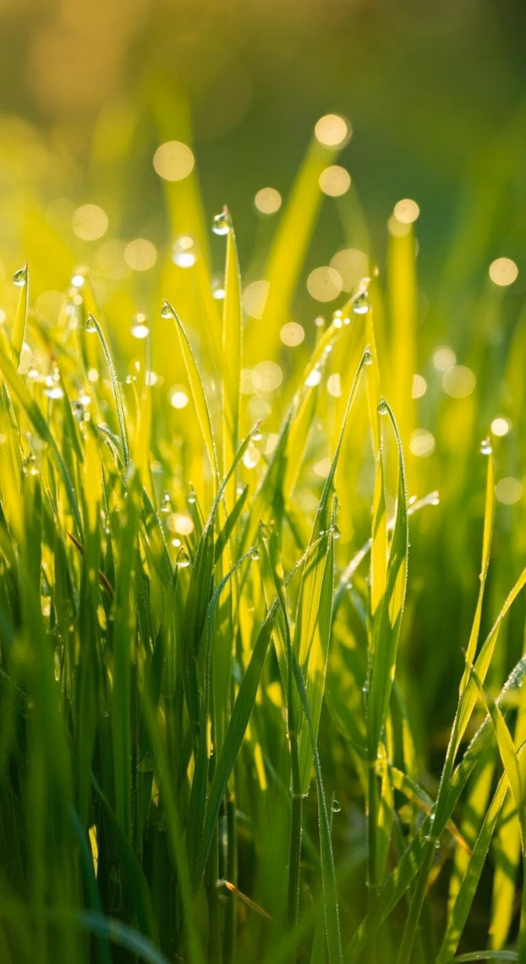 dew drops green grass macro photograph - Close-up of dew-kissed green grass blades glistening in soft sunlight, with a blurred bokeh background creating a serene atmosphere.