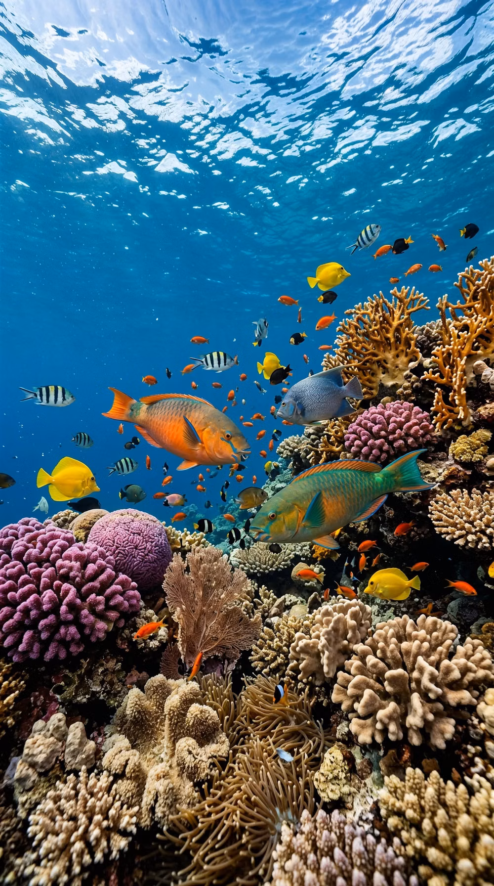 colorful tropical fish clear water photograph - Ultra realistic underwater coral reef scene teeming with exotic tropical fish, cinematic lighting, film still, professional underwater photography, high detail — a vibrant coral reef ecosystem photographed from a low mid-angle looking slightly upward, showcasing dozens of colorful reef fish including large orange parrotfish, iridescent blue-grey angelfish, yellow tangs, black-and-white striped sergeant majors, and small orange-and-black damselfish swimming freely through crystal-clear deep blue tropical ocean water, lush coral formations in the foreground and midground featuring branching staghorn coral in green and tan, purple brain coral, and pale beige table coral creating natural layered depth, dramatic caustic light patterns rippling across the scene from the water surface visible at