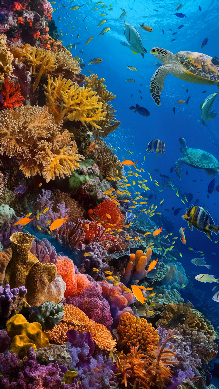 colorful tropical fish clear water photograph - A vivid and captivating underwater scene showcasing a vibrant coral reef teeming with life. The coral is a diverse array of colors, from bright yellows and oranges to deep reds and purples. A myriad of tropical fish dart in and out of the reef, their scales shimmering in the sunlight that filters through the water. In the distance, graceful sea turtles glide effortlessly through the water, their shells reflecting the rich hues of the aquatic world. The overall atmosphere of the image is serene and magical, transporting the viewer to a world of underwater enchantment.