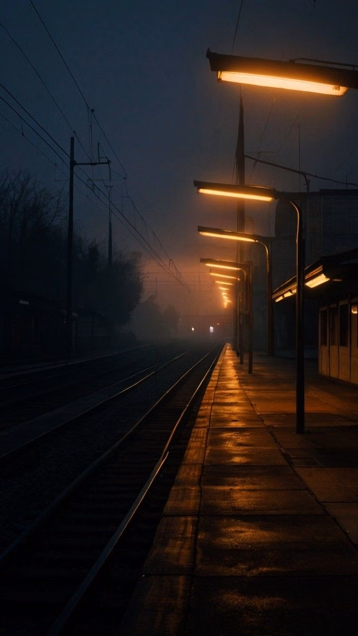 fluorescent train platform night photograph -