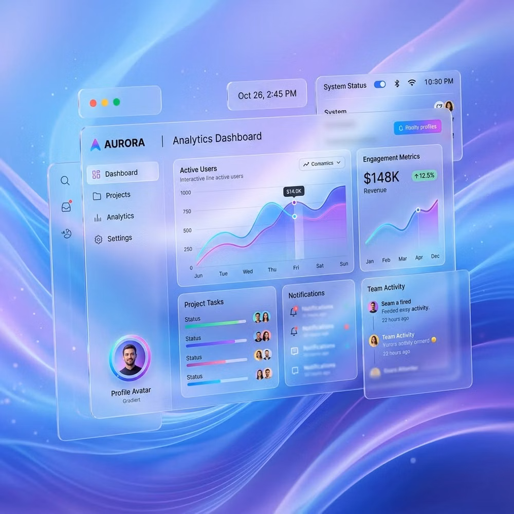Glassmorphism aesthetic - A stunning, modern, light-themed SaaS analytics dashboard design named 'Aurora' by HZ ArtVerse. The interface features a premium frosted glassmorphism aesthetic over a soft blue and purple fluid background. It showcases clean analytical widgets, a prominent $148K revenue gradient wave chart, interactive project task status lists, and team activity tracking. Perfect inspiration for web apps, dashboards, and modern UI developers. #HZArtVerse #UIUXDesign #DashboardDesign #WebInterface #LightModeUI #SaaSDashboard #DataVisualization #GraphicDesign #UserInterface #GlassmorphismUI