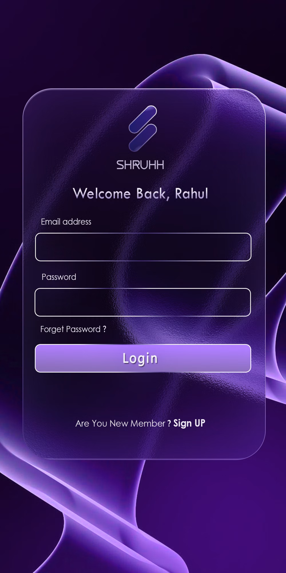 Glassmorphism aesthetic - Save this sleek SHRUHH login page concept for your next UI project – a dark, futuristic glassmorphism screen with soft gradients, glowing borders, and minimal typography designed for modern tech and startup apps. Perfect for UI/UX designers looking for premium mobile app inspiration, aesthetic login pages, and purple gradient glassmorphism ideas; pin it now to your design boards for future reference and share with your Dribbble/Behance community.