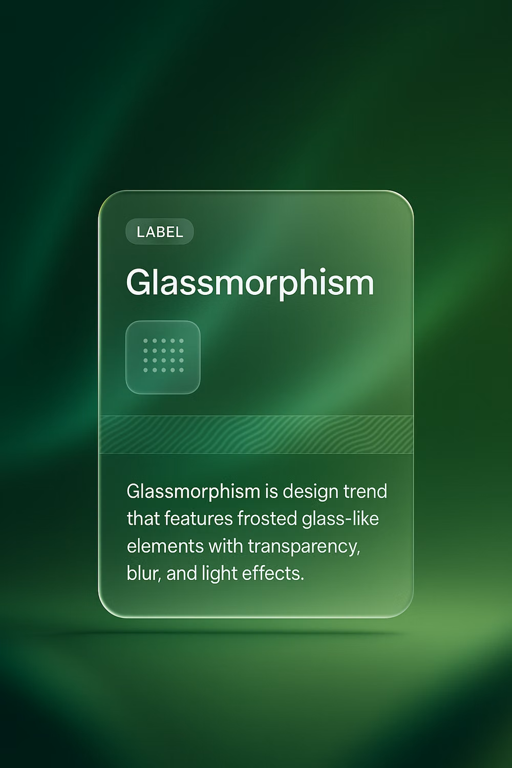 Glassmorphism aesthetic - An abstract design featuring a soft green gradient background with a glassmorphism label. The label includes a title and description, showcasing a modern aesthetic. This image can be edited with AI assistant, try it on our site. No designer skills needed. #design #art #creative #woopicx #aigeneratedart #aiart #editwithAI #3Ddesign