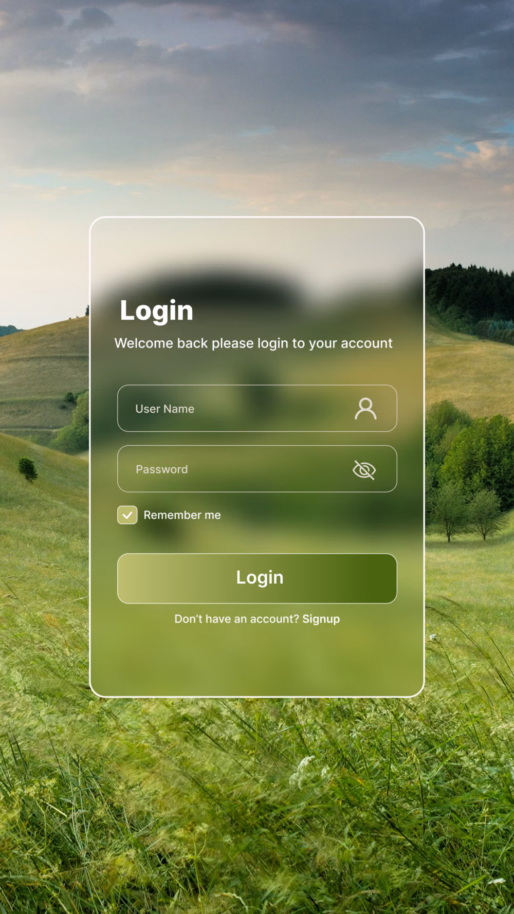 Glassmorphism aesthetic - Minimal login screen design with a stylish glassmorphism aesthetic. Blending transparency, blur, and simplicity for a contemporary UI look.