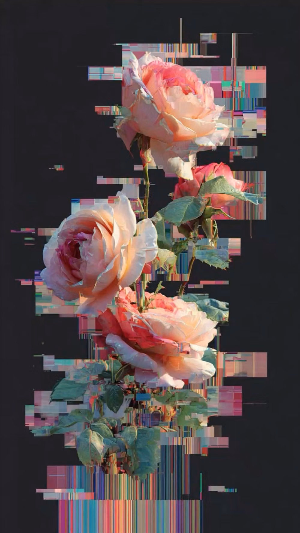 Glitch Art aesthetic - glitch art of digital roses made from squares, with digital glitching and distorted visual effects.