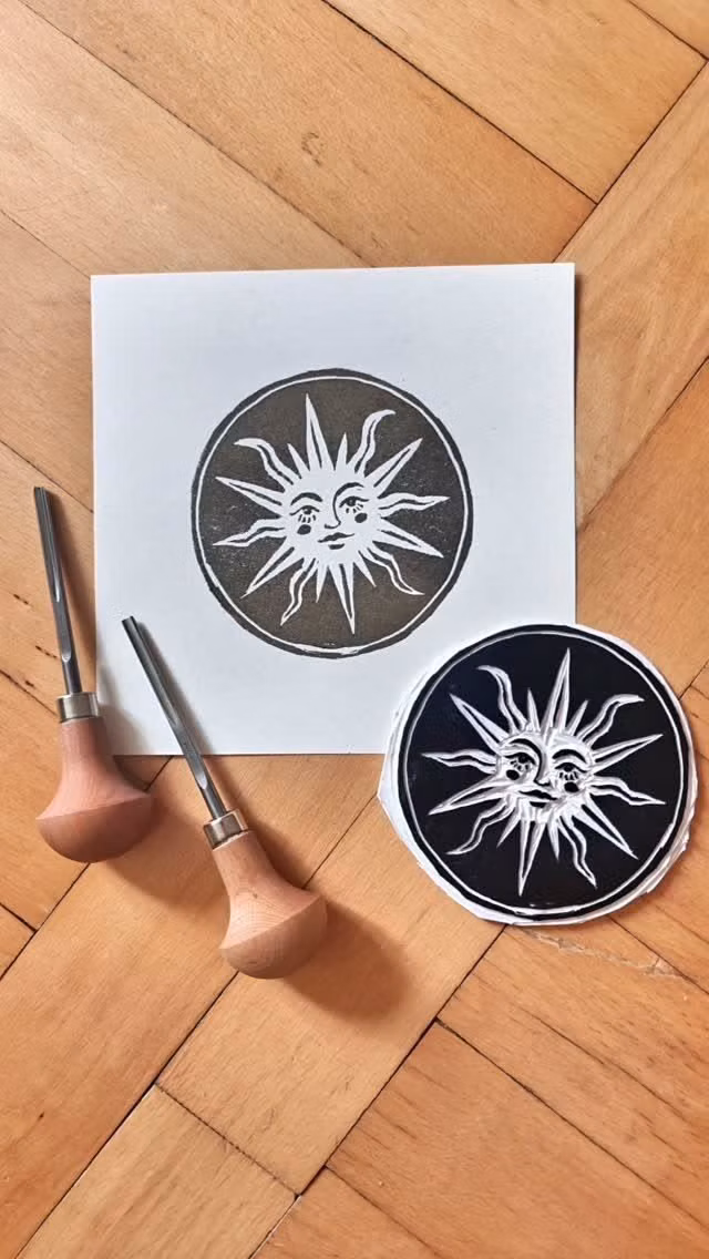 hand carved woodcut sun print photograph - Celestial sun linocut 🌞 ✨ I've always been drawn to sun symbols and celestial motifs, so carving this sun face felt like the perfect project. Gold ink brought the whole design to life in exactly the way I imagined. Hand-carved linocut print inspired by celestial art. #linocut #linoprint #lino #artprocess #celestial