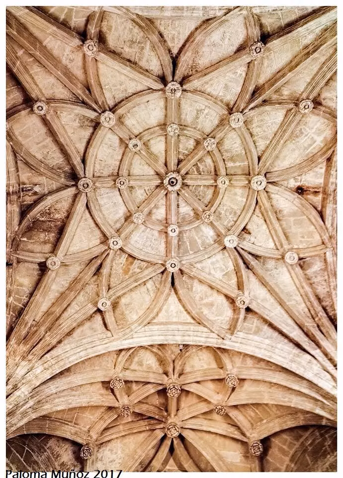 Gothic cathedral rib vault photograph - Catedral de Sevilla Gran bóveda gótica La bóveda estrellada representa la evolución más compleja y elaborada de la bóveda de crucería (también conocida como bóveda nervada), una de las más genuinas soluciones estructurales aportadas por la arquitectura gótica. Cathedral of Sevilla Great gothic vault The starry vault represents the most complex and elaborate evolution of the ribbed vault (also known as a ribbed vault), one of the most genuine structural solutions provided by Gothic architecture.