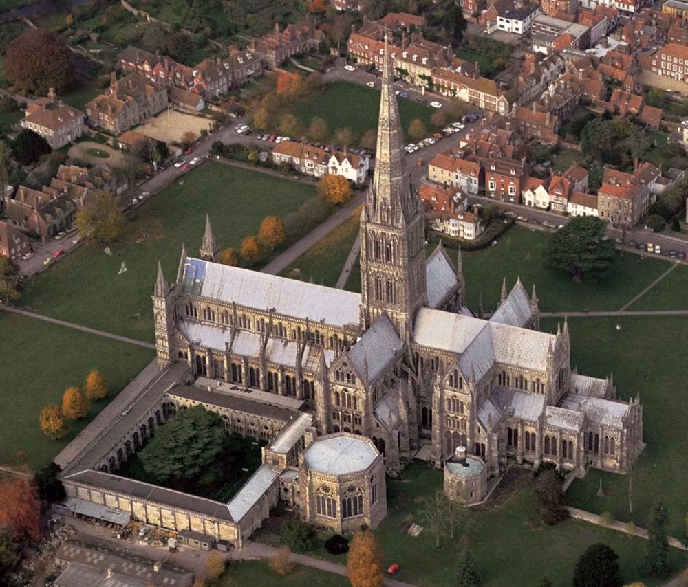 Gothic cathedral rib vault photograph - [Salisbury Cathedral, Aerial View.1220-1238.Photograph. Salisbury, England.] Pointed arches, lancet windows and stained glass windows were a key feature of the Gothic England churches. The narrow piers of the cathedral were made of cut stone and this enabled the structure itself to be very light so the walls were very thin but capable of holding the whole structure up. The cathedral consisted of rib vaults they were also a type of decorative element. (Smarthistory) (Akexander, K.D., 243-244)