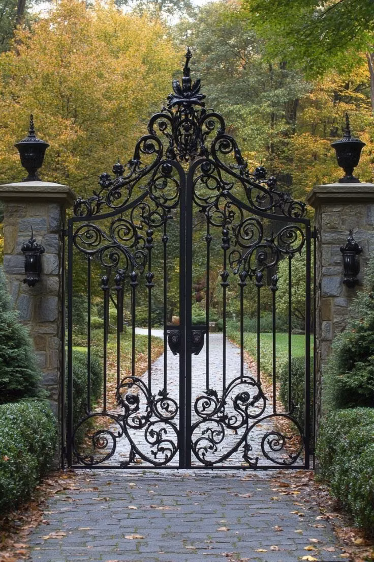 ornate black wrought iron gate close up -