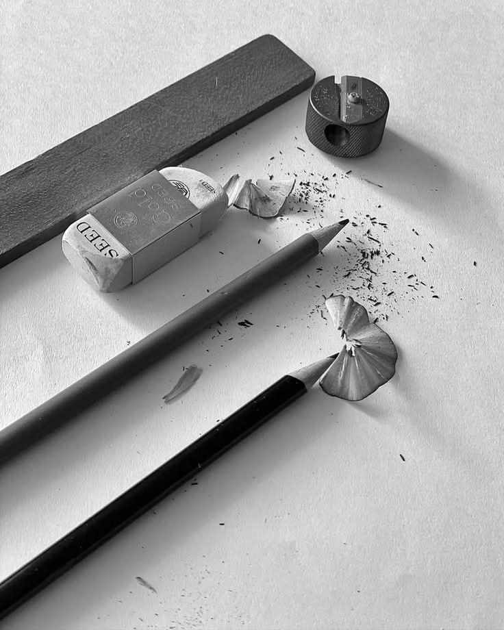graphite pencil strokes paper macro photograph - _ 2 Black and white photo of pencils, sharpener, eraser, and shavings on paper, capturing a classic stationery setup for drawing or writing. | Sky Rye Design